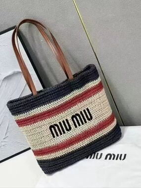 Miu Miu Embroidered Navy, Red & Natural Striped Raffia Tote